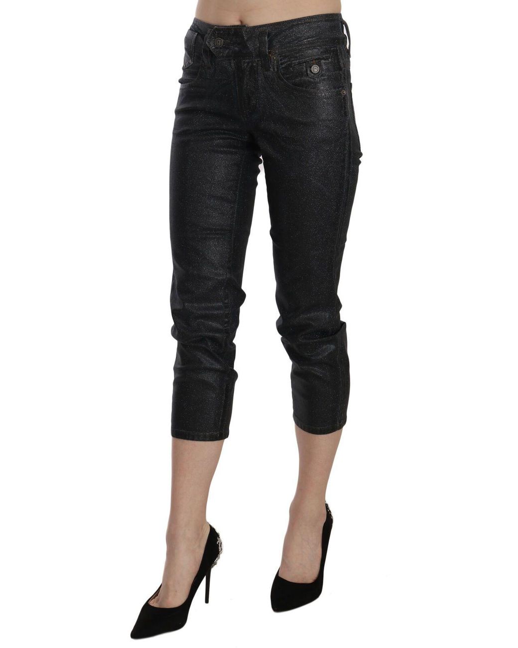 John Galliano Black Washed Mid Waist Slim Leg Cropped Denim Pants
