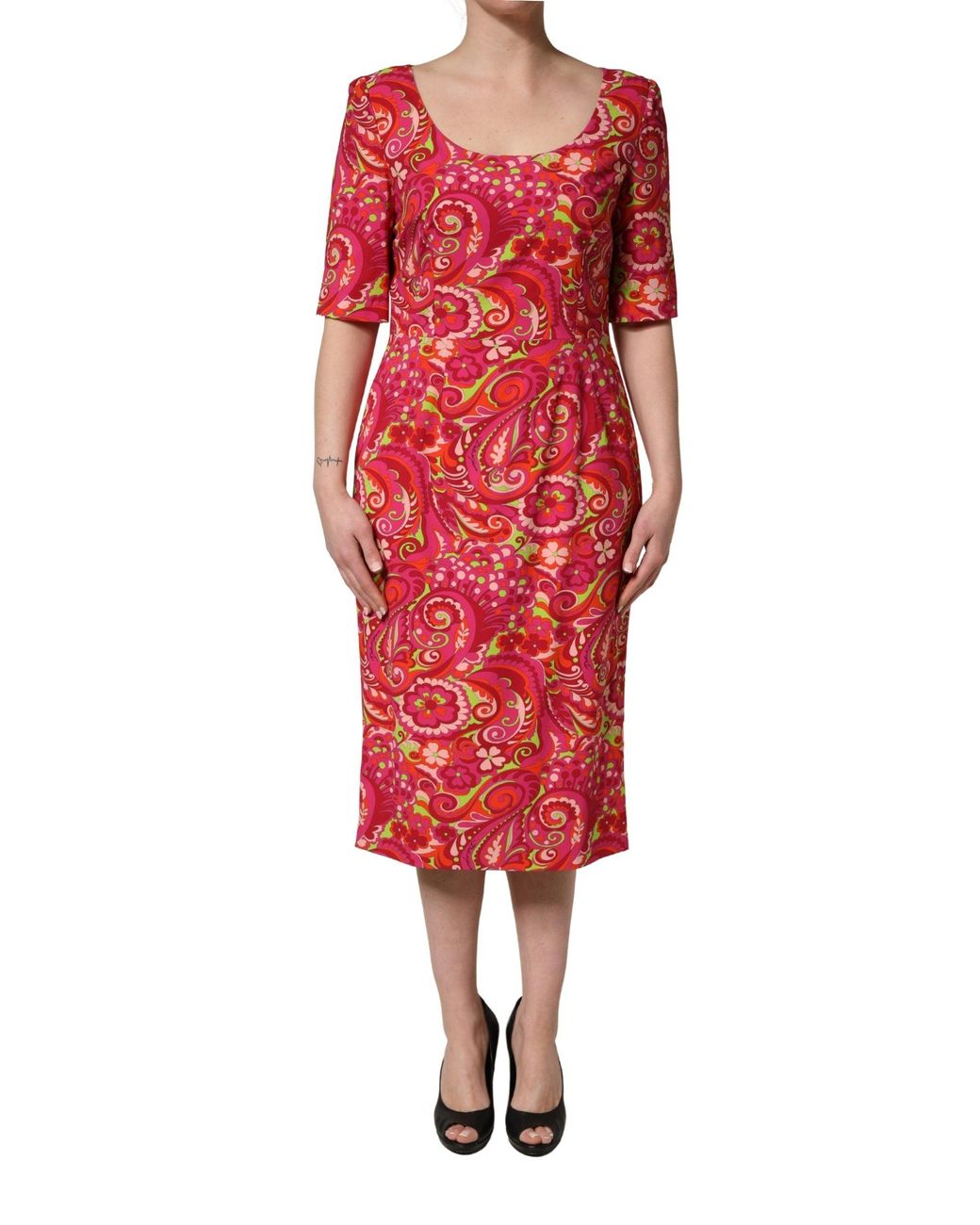 Dolce & Gabbana Red Paisley Floral Print Sheath Midi Dress