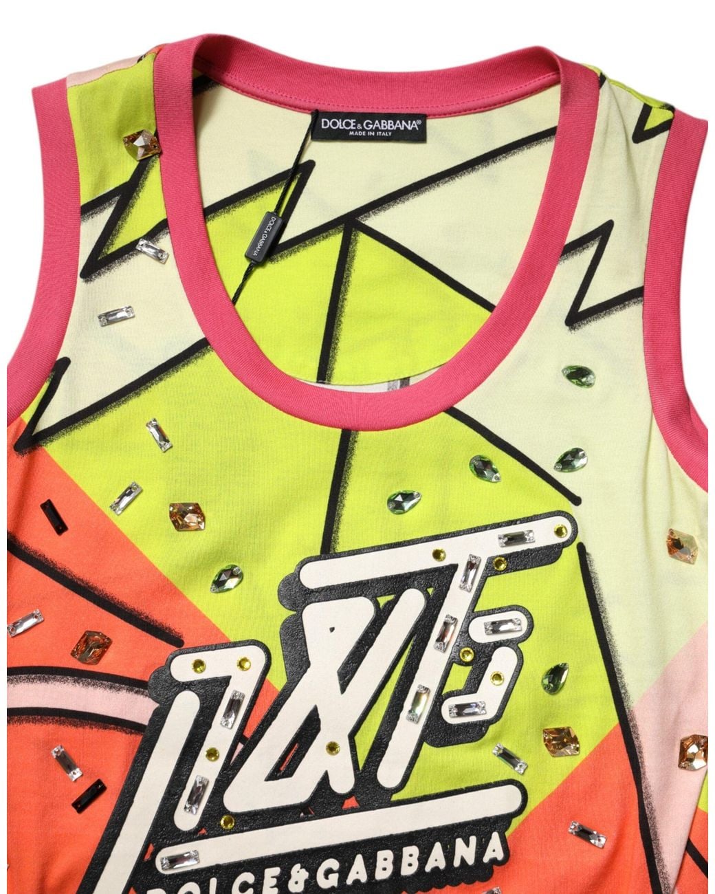 Dolce & Gabbana Black Multicolor Printed Crystal Embellishment Top for men