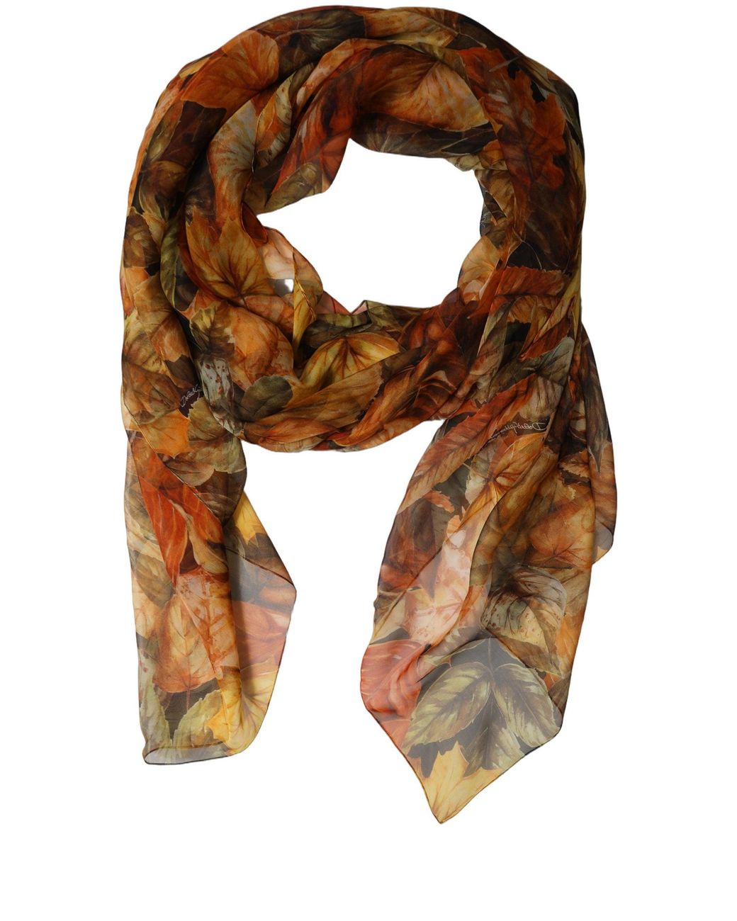 Dolce & Gabbana Brown Multicolor Leaf Print Silk Shawl Stole Scarf