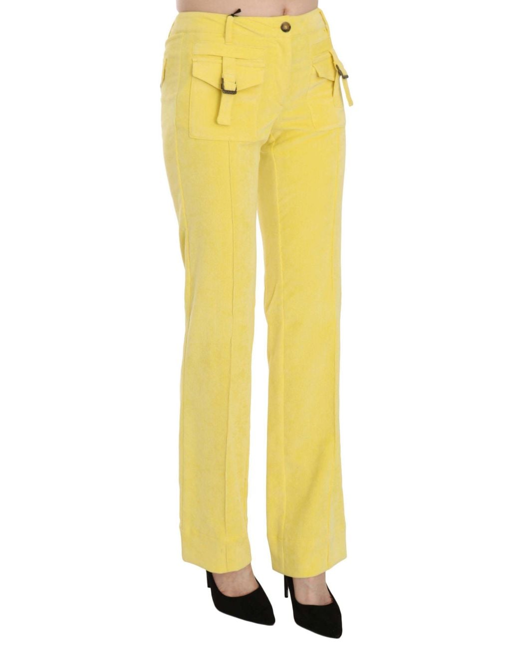 Just Cavalli Yellow Corduroy Mid Waist Straight Trousers Pants