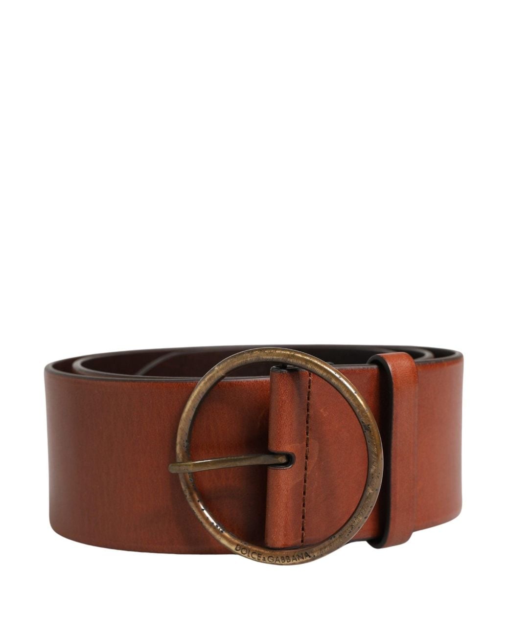 Dolce & Gabbana Brown Leather Wide Waist Metal Round Buckle Belt for men