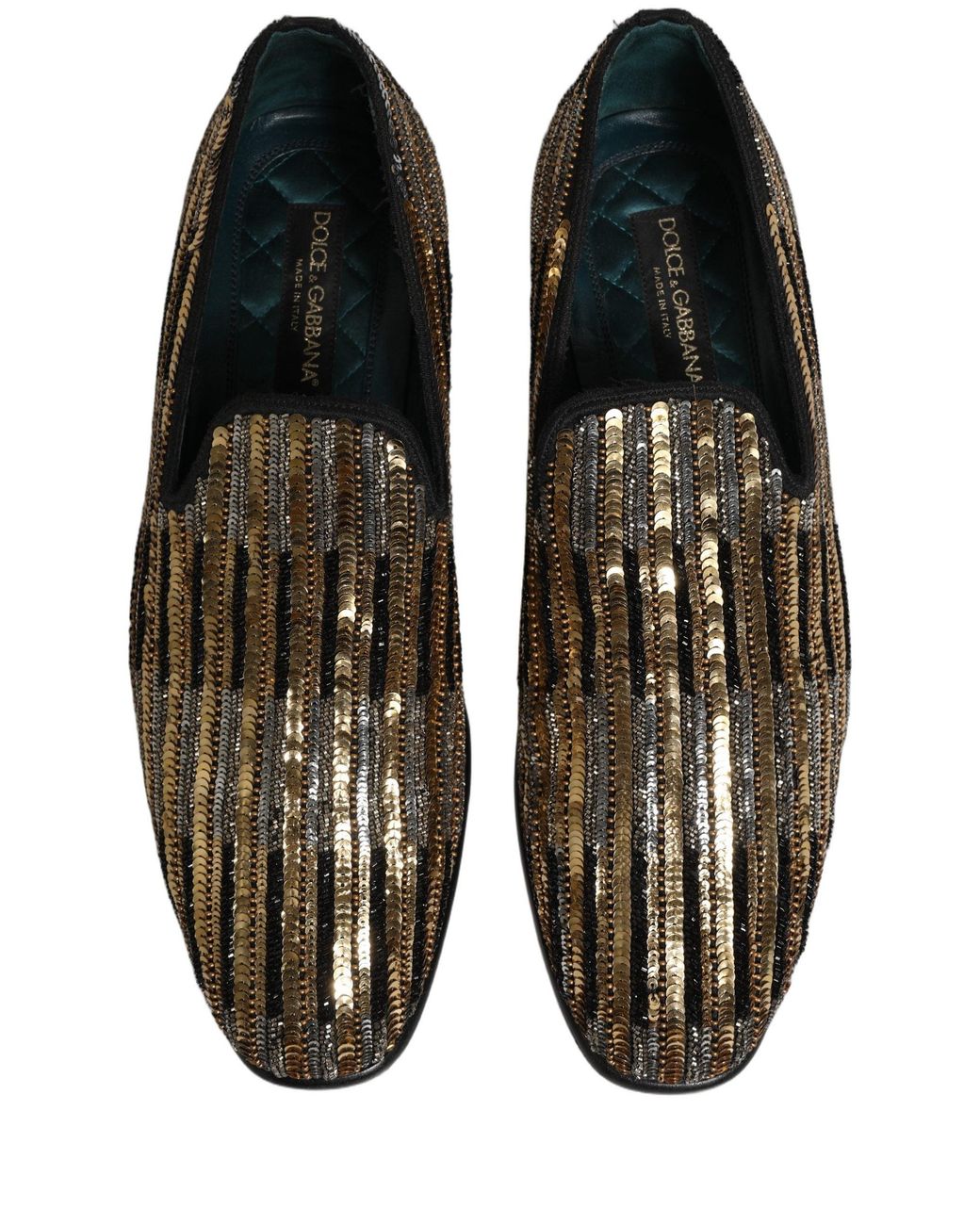 Dolce & Gabbana Gray Gold Striped Sequin Embellished Loafer Shoes for men