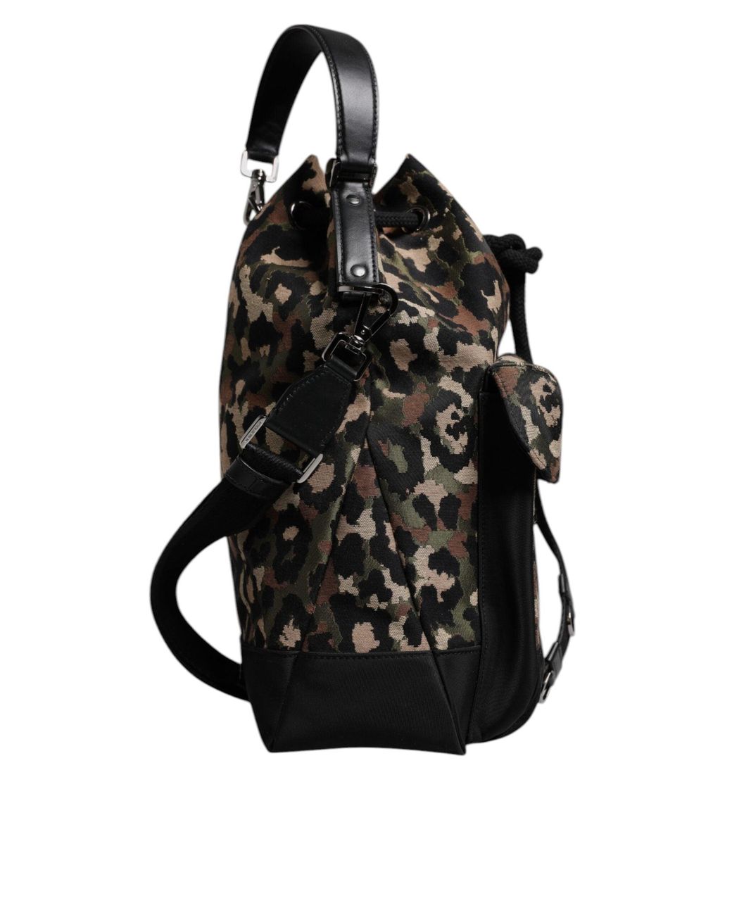 Dolce & Gabbana Black Multicolor Leopard Cotton Shoulder Bucket Bag for men