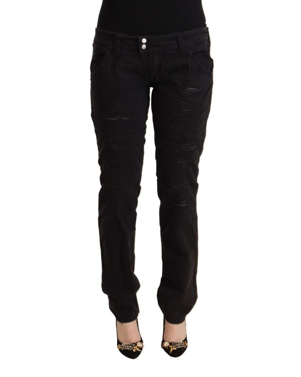 CYCLE Black Cotton Distressed Low Waist Slim Fit Denim Jeans