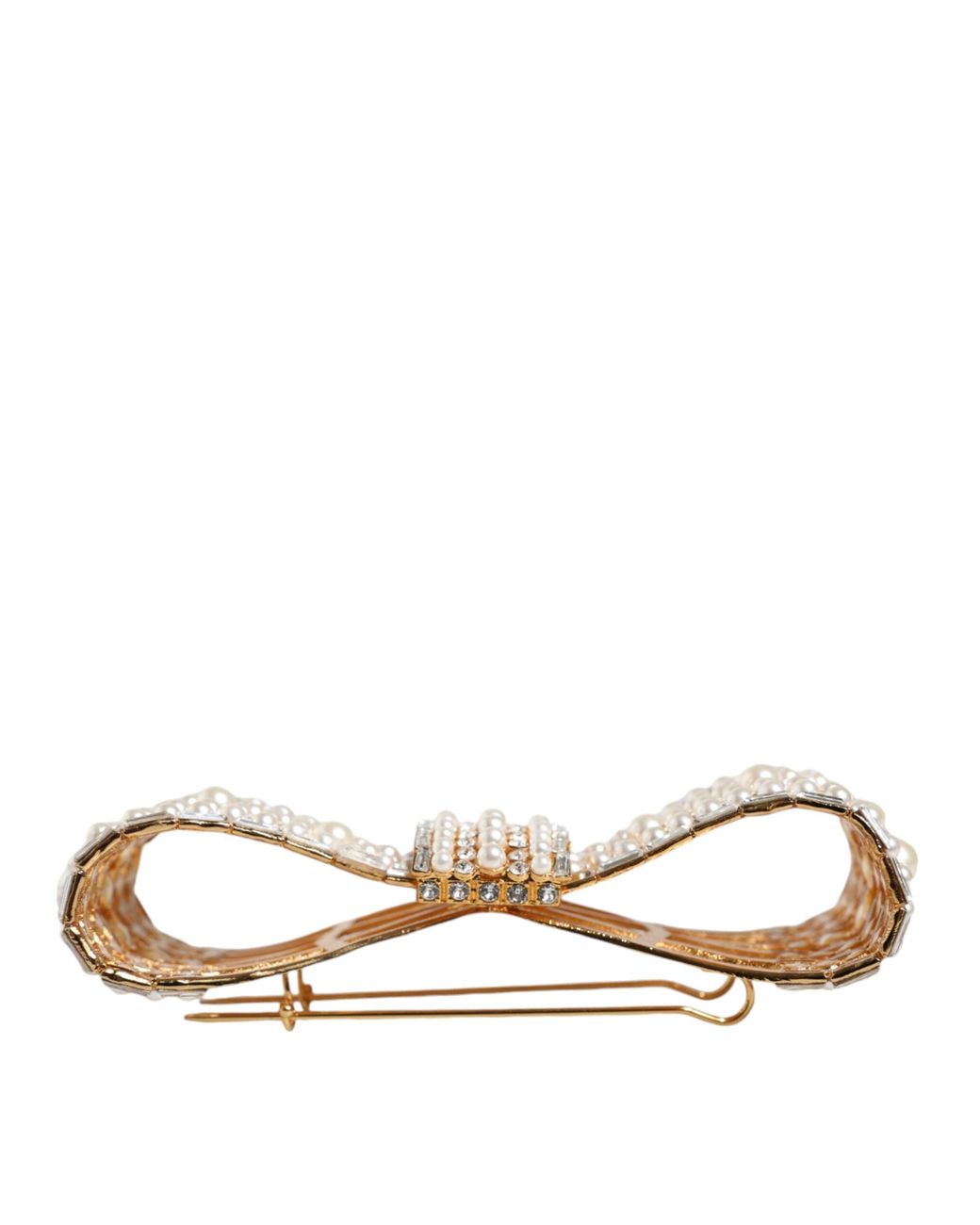 Dolce & Gabbana Natural Tone Brass Bow Crystal Fauxpearl Embellished Brooch