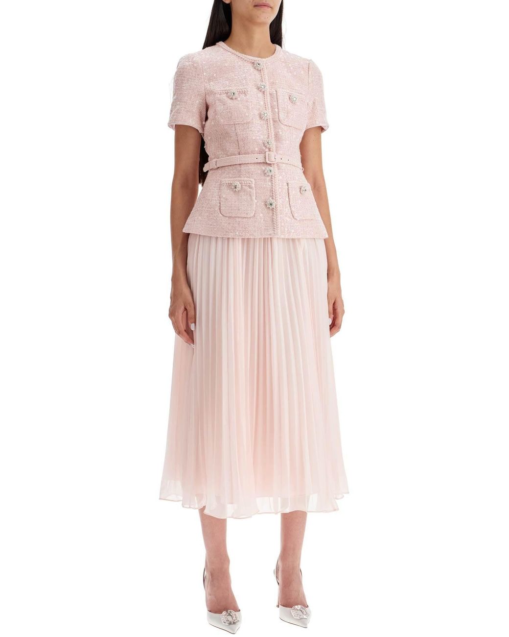 Self-Portrait Midi Dress With Pleated Skirt in Pink | Lyst