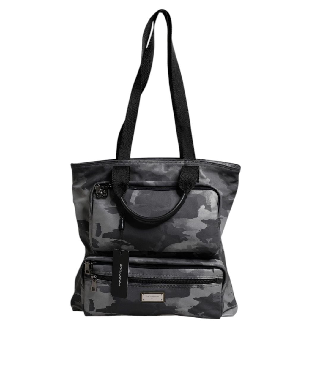 Dolce & Gabbana Black Gray Camo Cotton Multiple Compartments Tote Bag for men