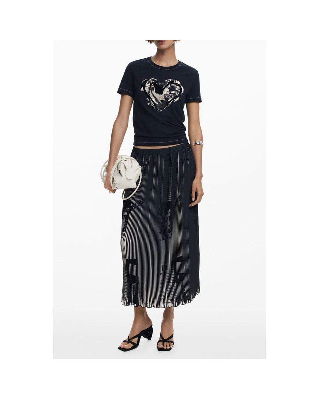 Desigual Black Pleated Graphic Midi Skirt