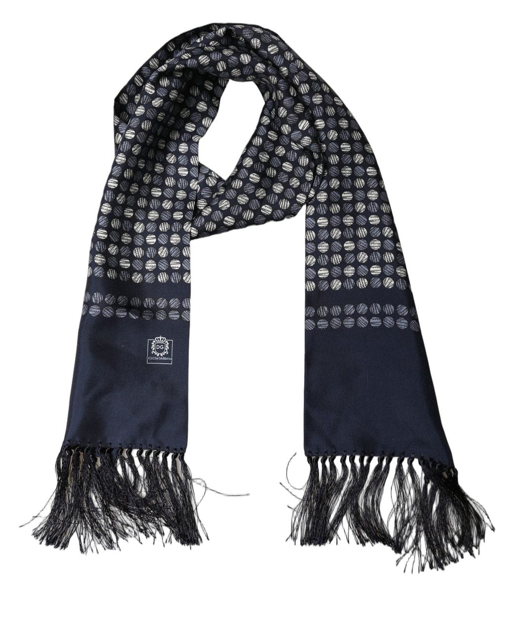 Dolce & Gabbana Black Men Navy Blue Geometric Dot Silk Fringed Neck Shawl Scarf for men