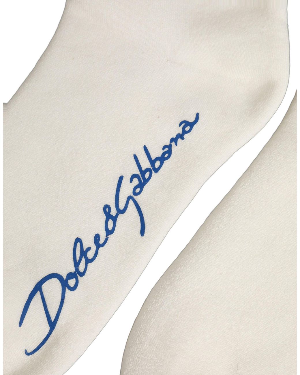 Dolce & Gabbana White Blue Cotton Logo Calf Accessory Socks