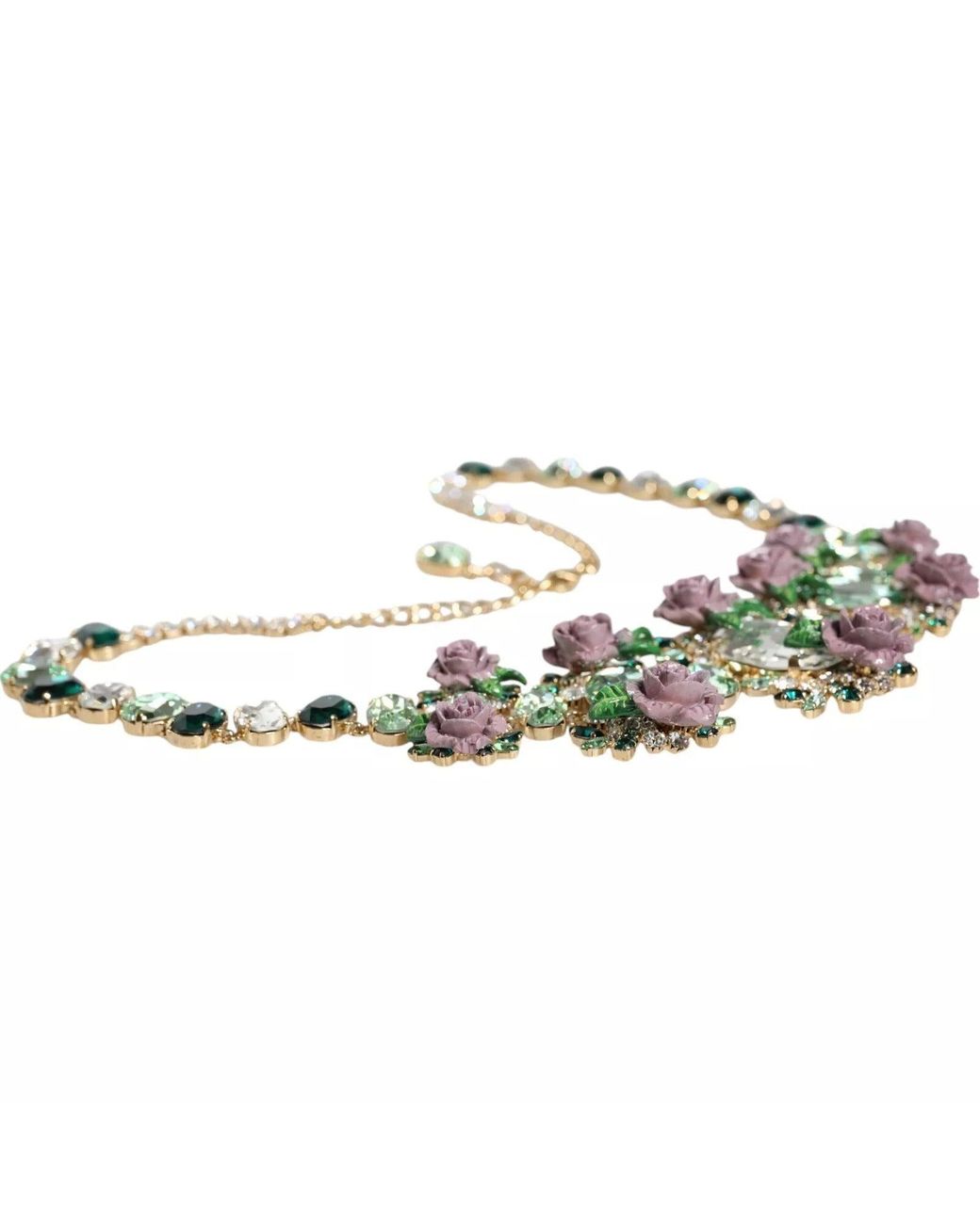 Dolce & Gabbana Green Brass Link Chain Rose Petal Crystal Necklace