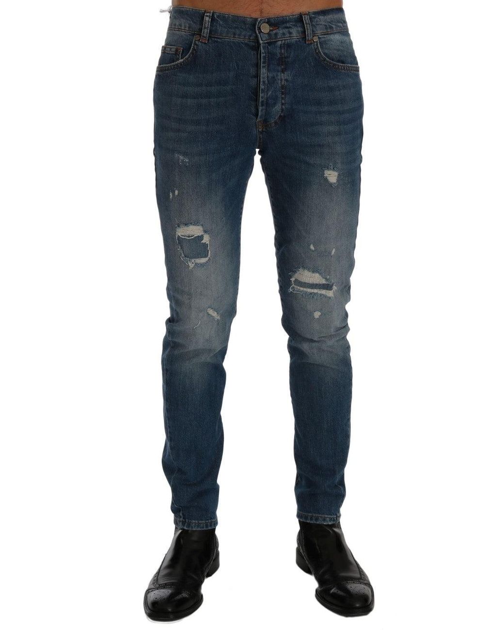 Frankie Morello Blue Wash Torn Dunfermile Slim Fit Jeans for men