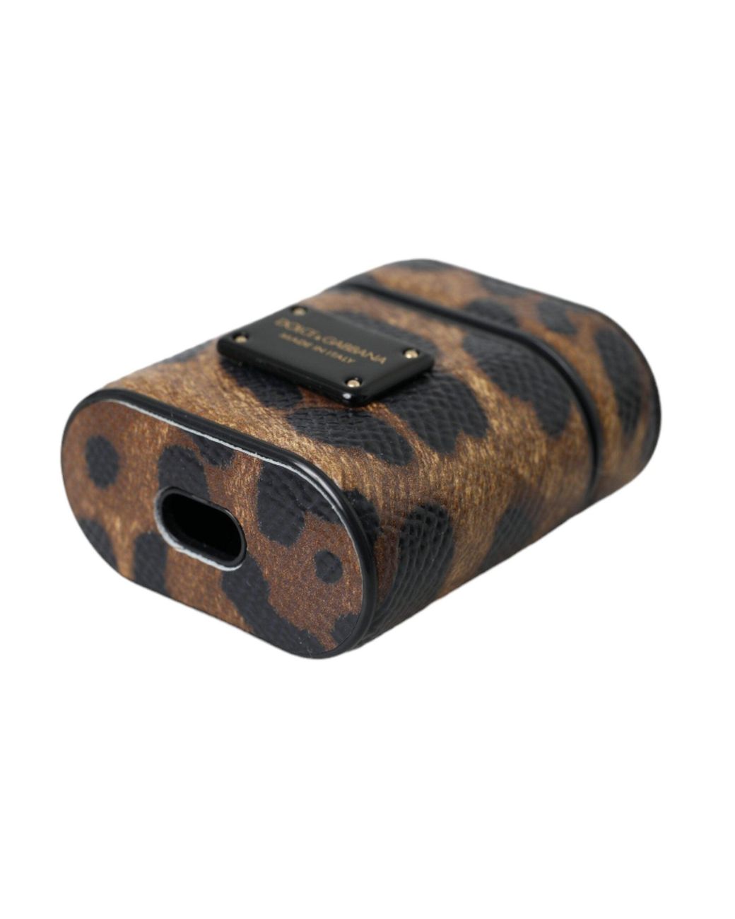 Dolce & Gabbana Black Leopard Calf Leather Metal Logo Plaque Airpods Case