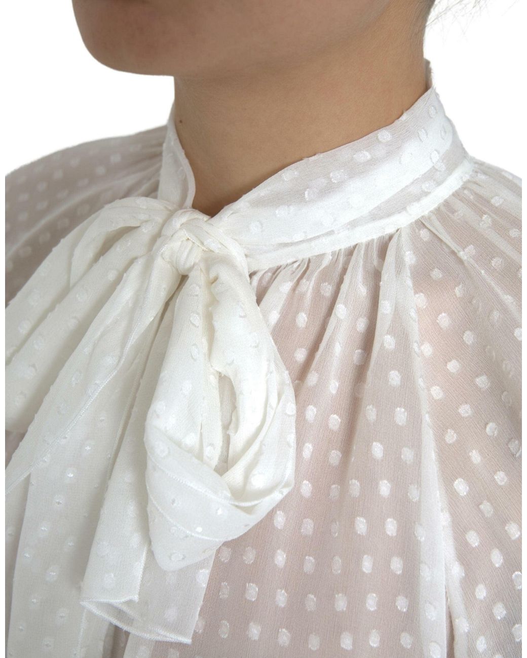 Dolce & Gabbana Gray Silk Sheer Tied Neck Polka Dots Blouse