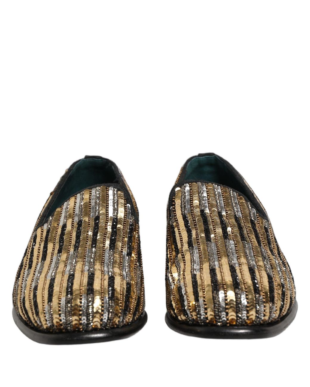 Dolce & Gabbana Gray Gold Striped Sequin Embellished Loafer Shoes for men