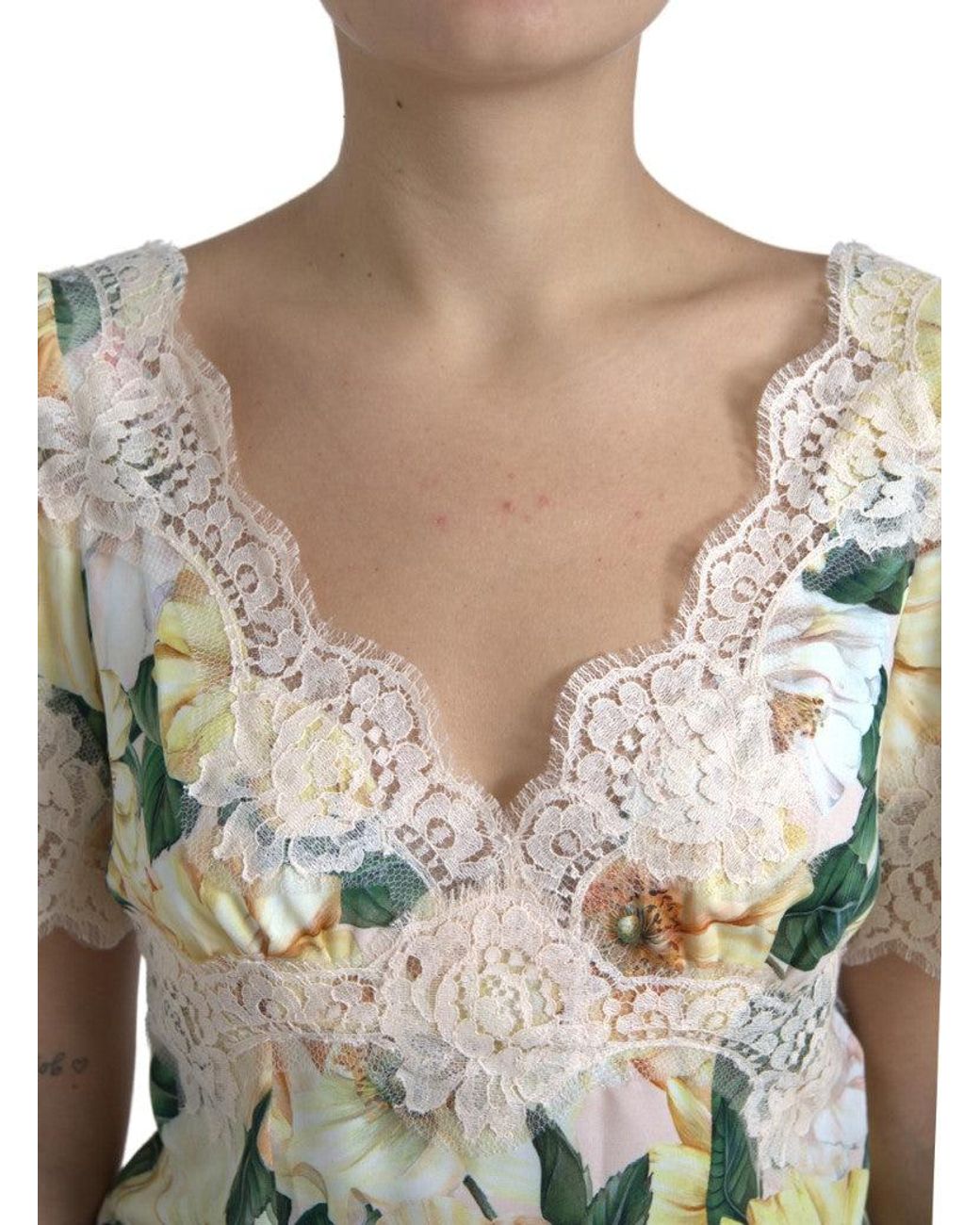 Dolce & Gabbana Natural Floral Lace V Neck Blouse