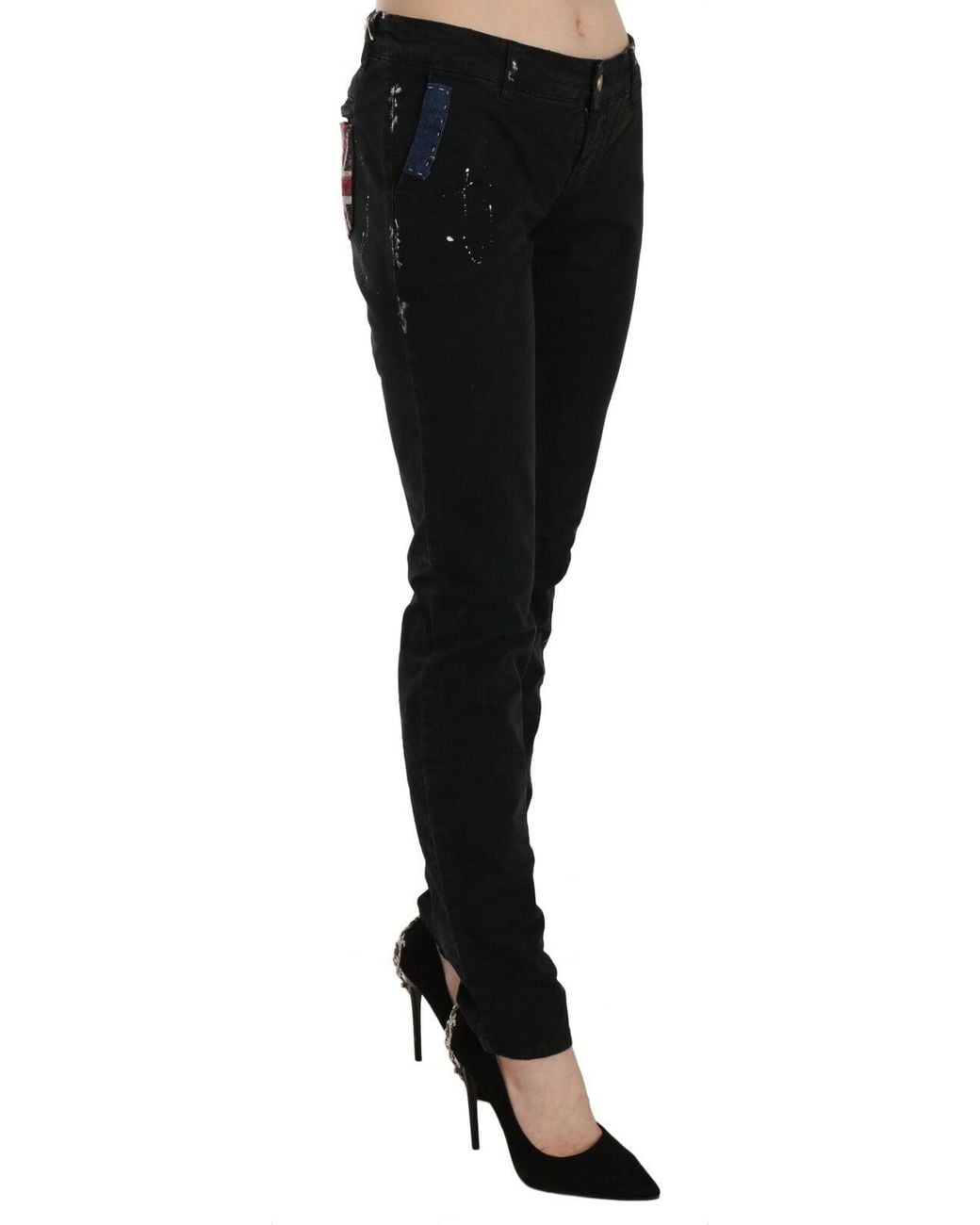 John Galliano Black Low Waist White Paint Skinny Denim Pants Jeans