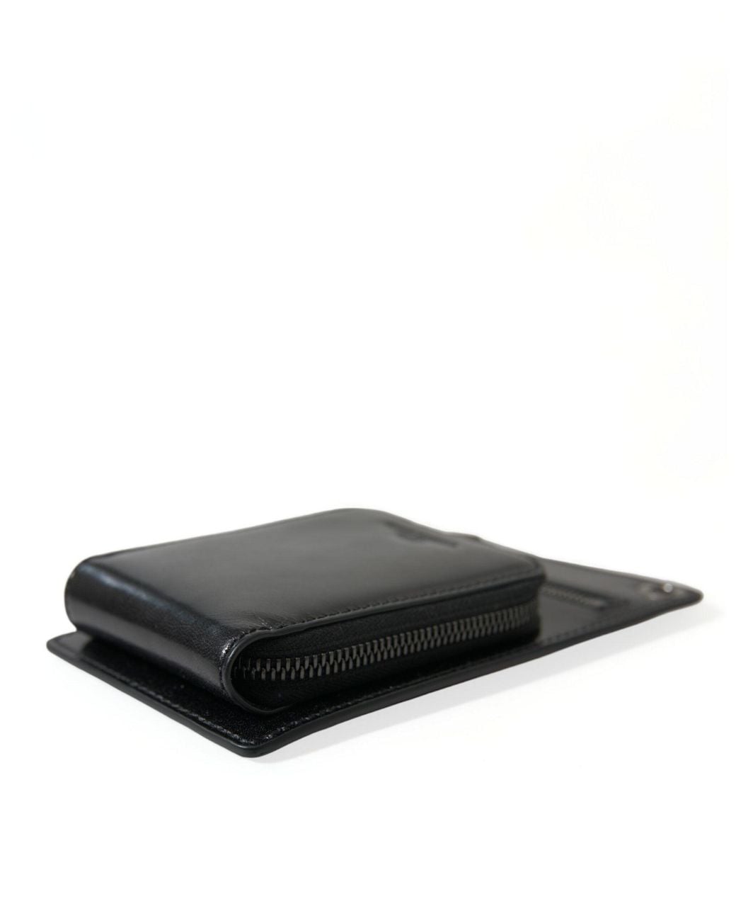 Dolce & Gabbana Black Calf Leather Zip Logo Shoulder Neck Strap Wallet for men