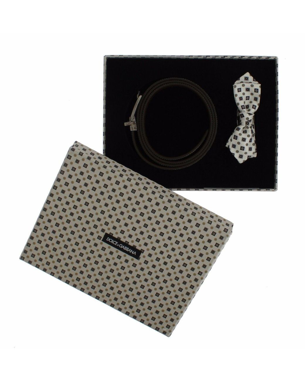 Dolce & Gabbana Black Dolce Gabbana White Silk Bowtie Leather Belt Gift Box for men