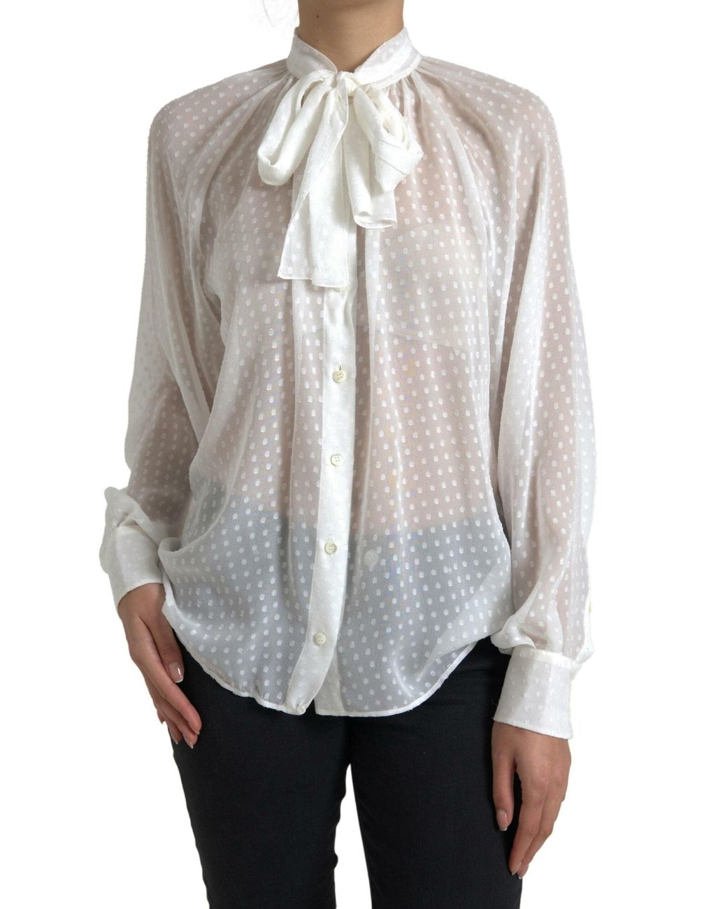 Dolce & Gabbana Gray Silk Sheer Tied Neck Polka Dots Blouse