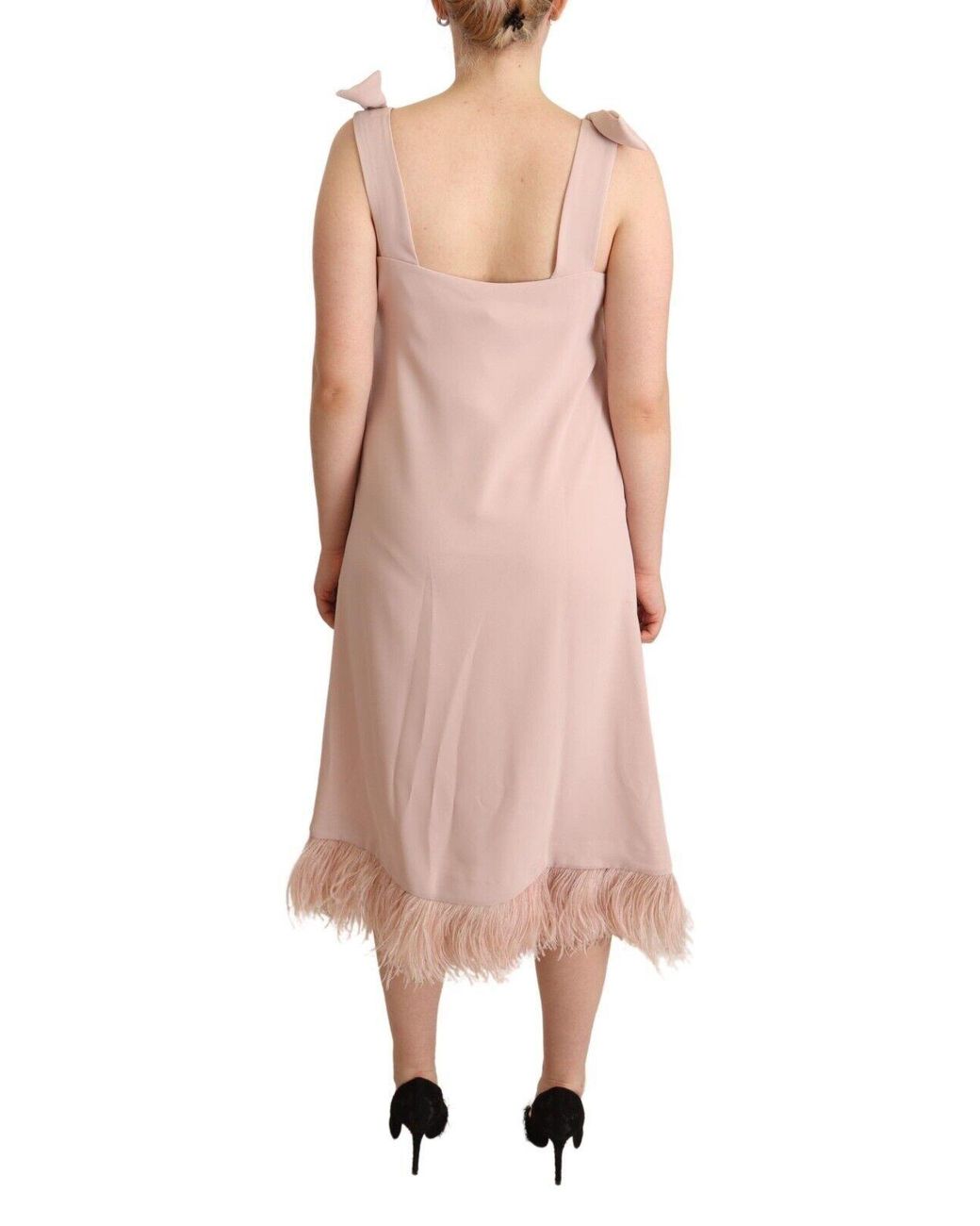 P.A.R.O.S.H. Pink Polyester Sleeveless Midi Feather Shift Dress