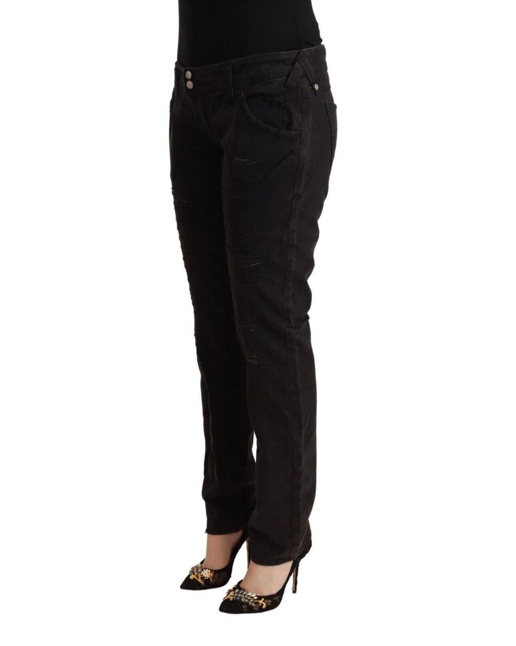 CYCLE Black Cotton Distressed Low Waist Slim Fit Denim Jeans