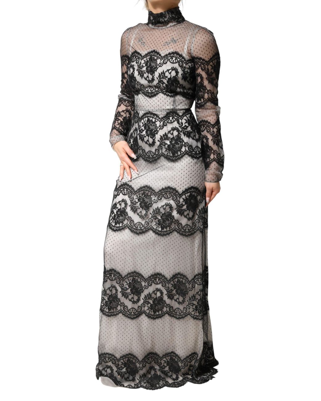 Dolce & Gabbana Black White Lace Silk Blend Maxisheath Dress