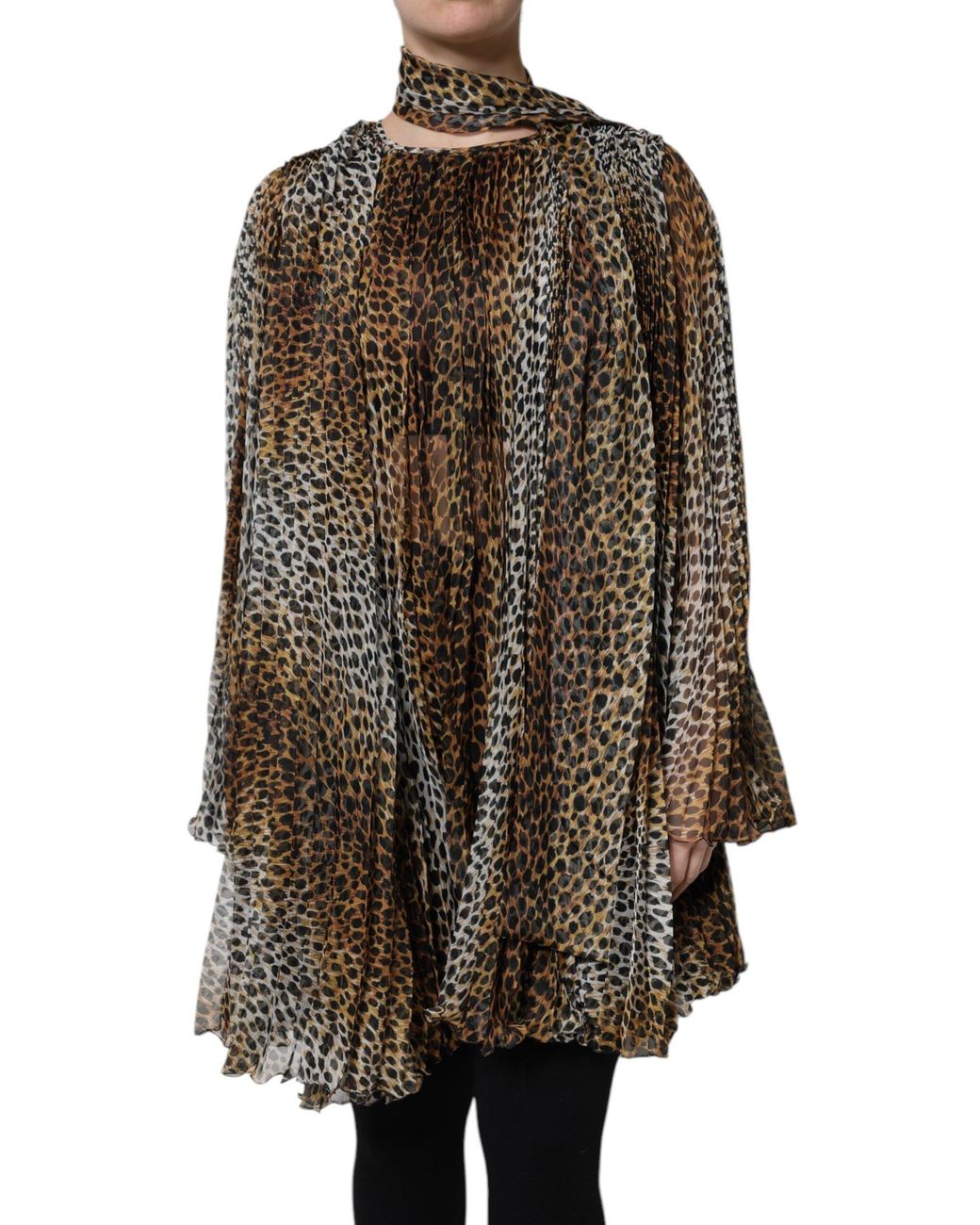 Dolce & Gabbana Brown Leopard Print Scarf Collared Chiffon Dress for men