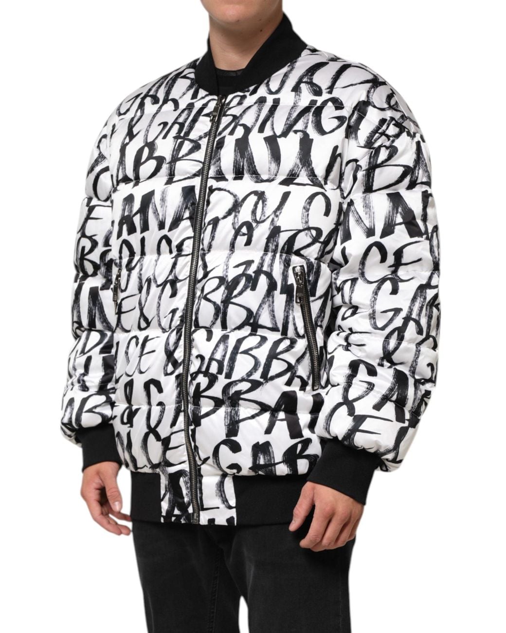 Dolce & Gabbana White Black Graffiti Logo Puffer Bomber Jacket for men