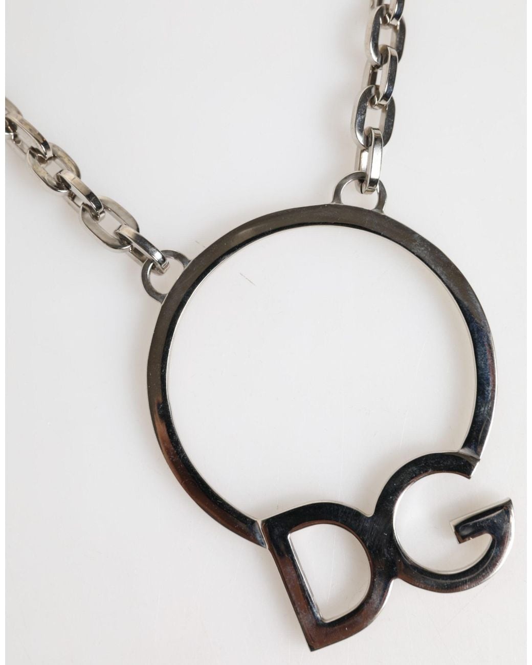 Dolce & Gabbana White Tone Brass Chain Dg Logo Pendant Necklace for men