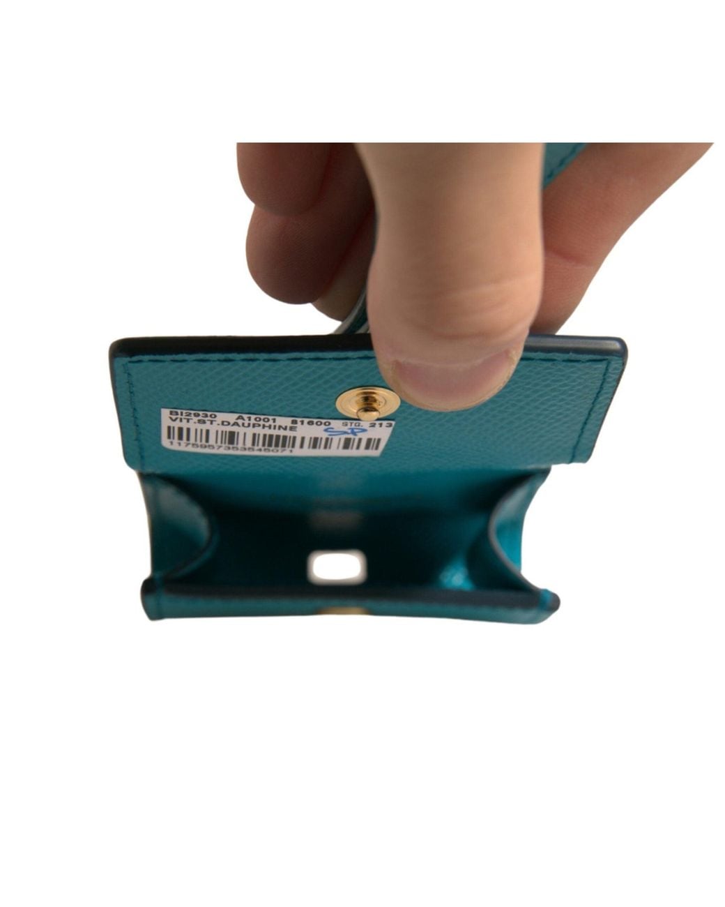 Dolce & Gabbana Blue Green Logo Plaque Leather Gold Metal Strap Airpods Case