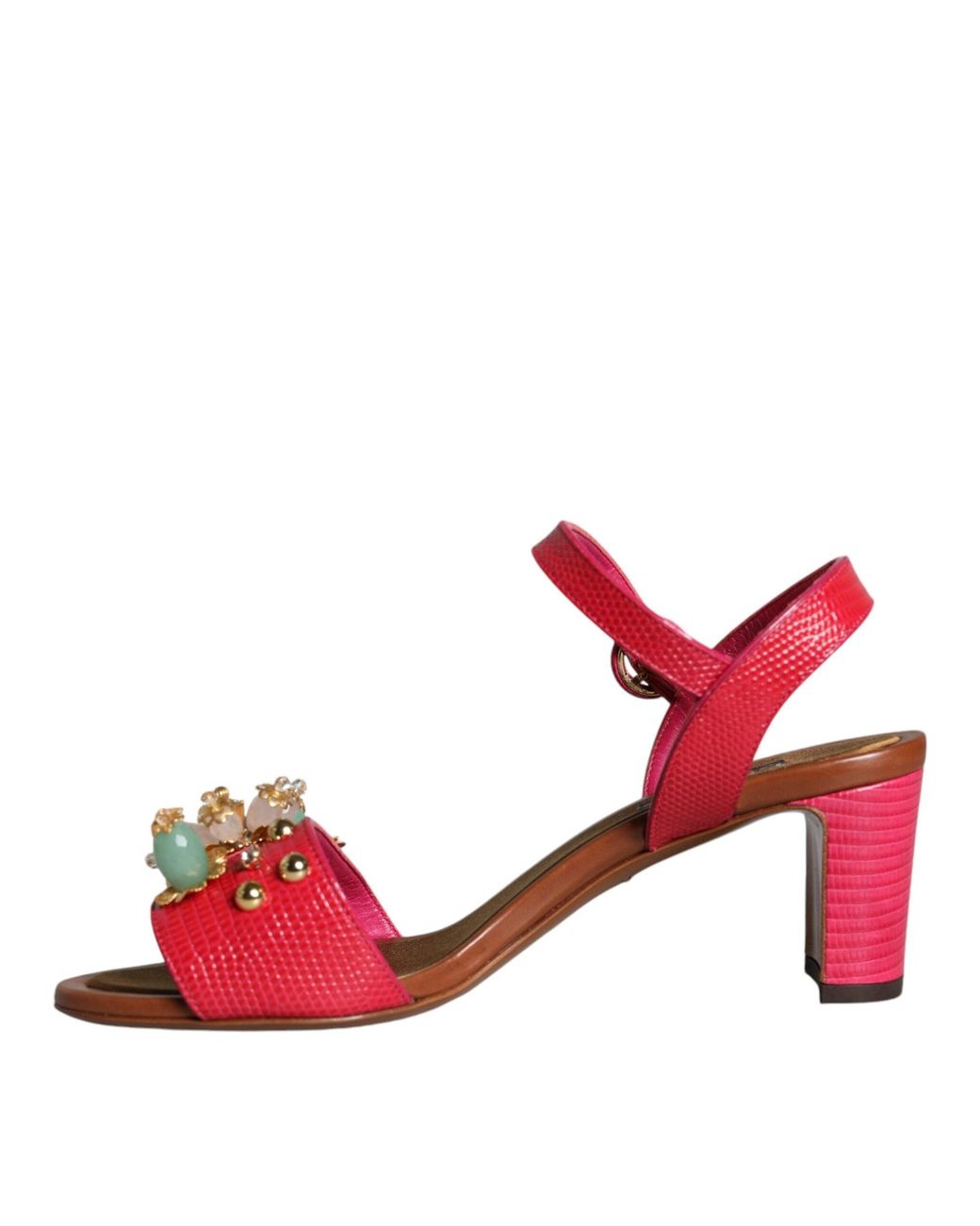 Dolce & Gabbana Red Leather Embellished Keira Sandals Shoes