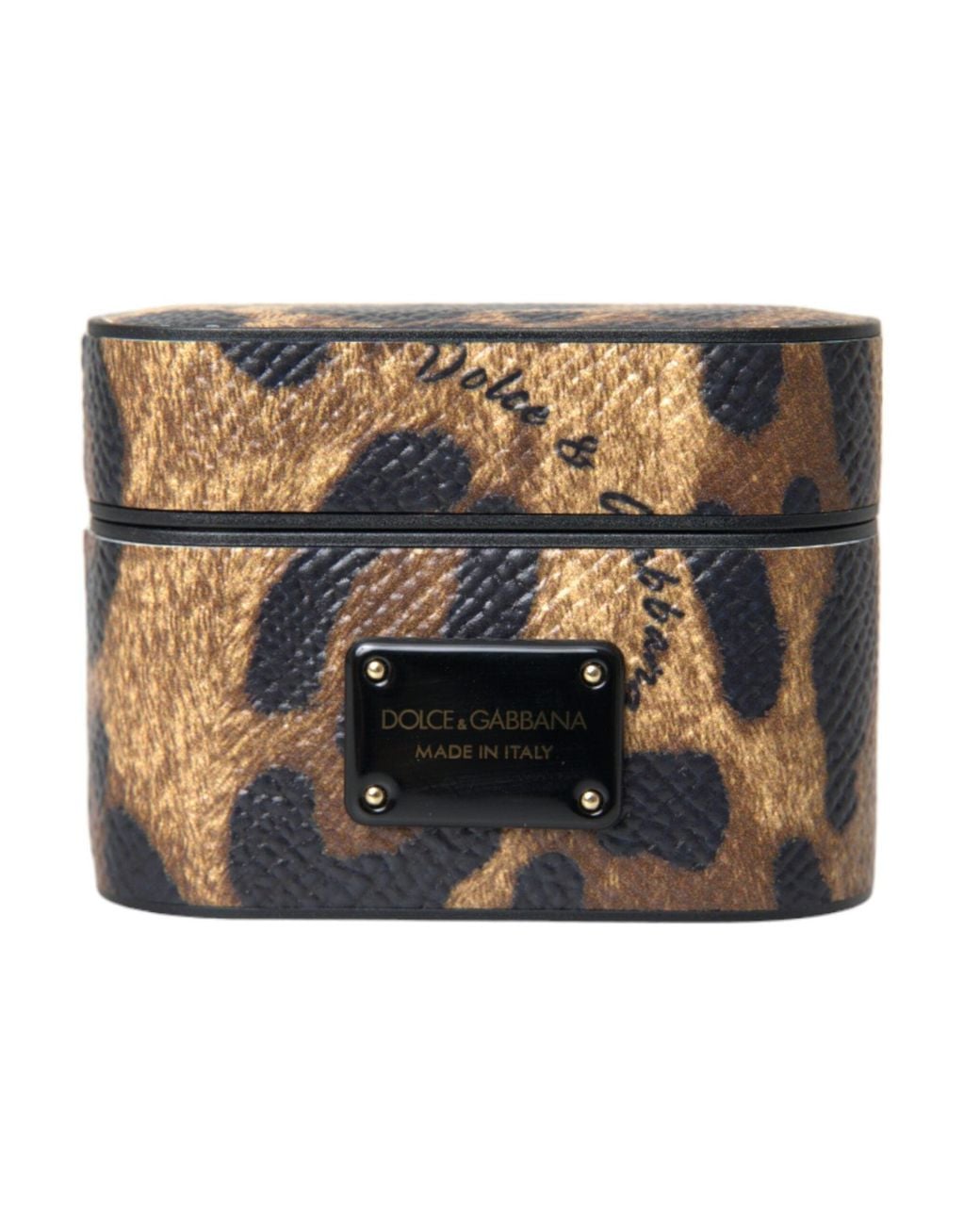 Dolce & Gabbana Metallic Leopard Calf Leather Metal Logo Plaque Airpods Case