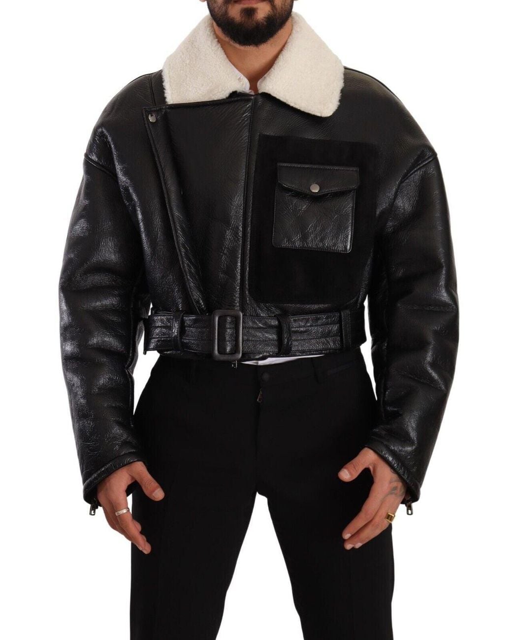 Dolce & Gabbana Black Leather Shearling Biker Coat Jacket Lamb Leather for men