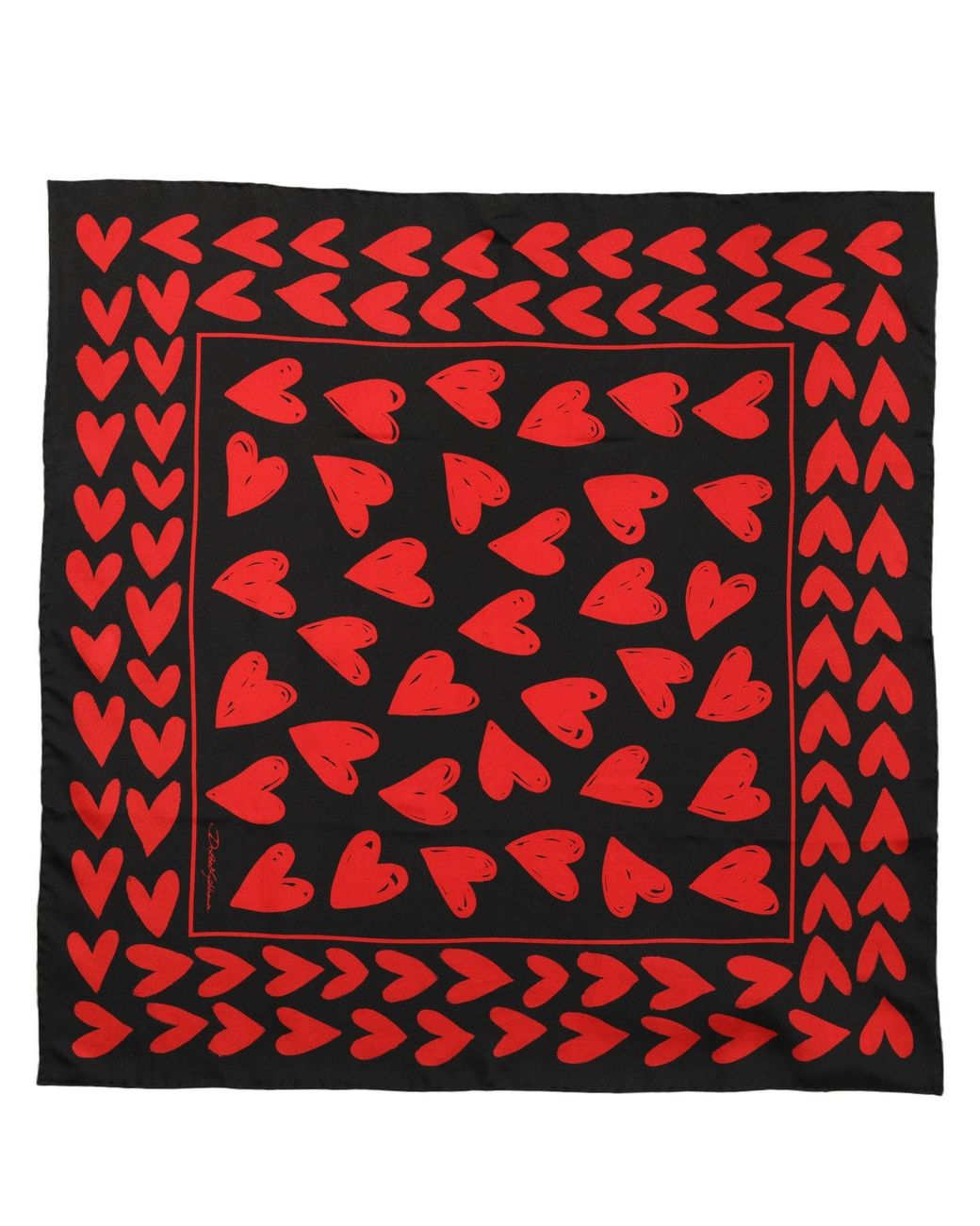Dolce & Gabbana Black Red Silk Hearts Square Foulard Scarf