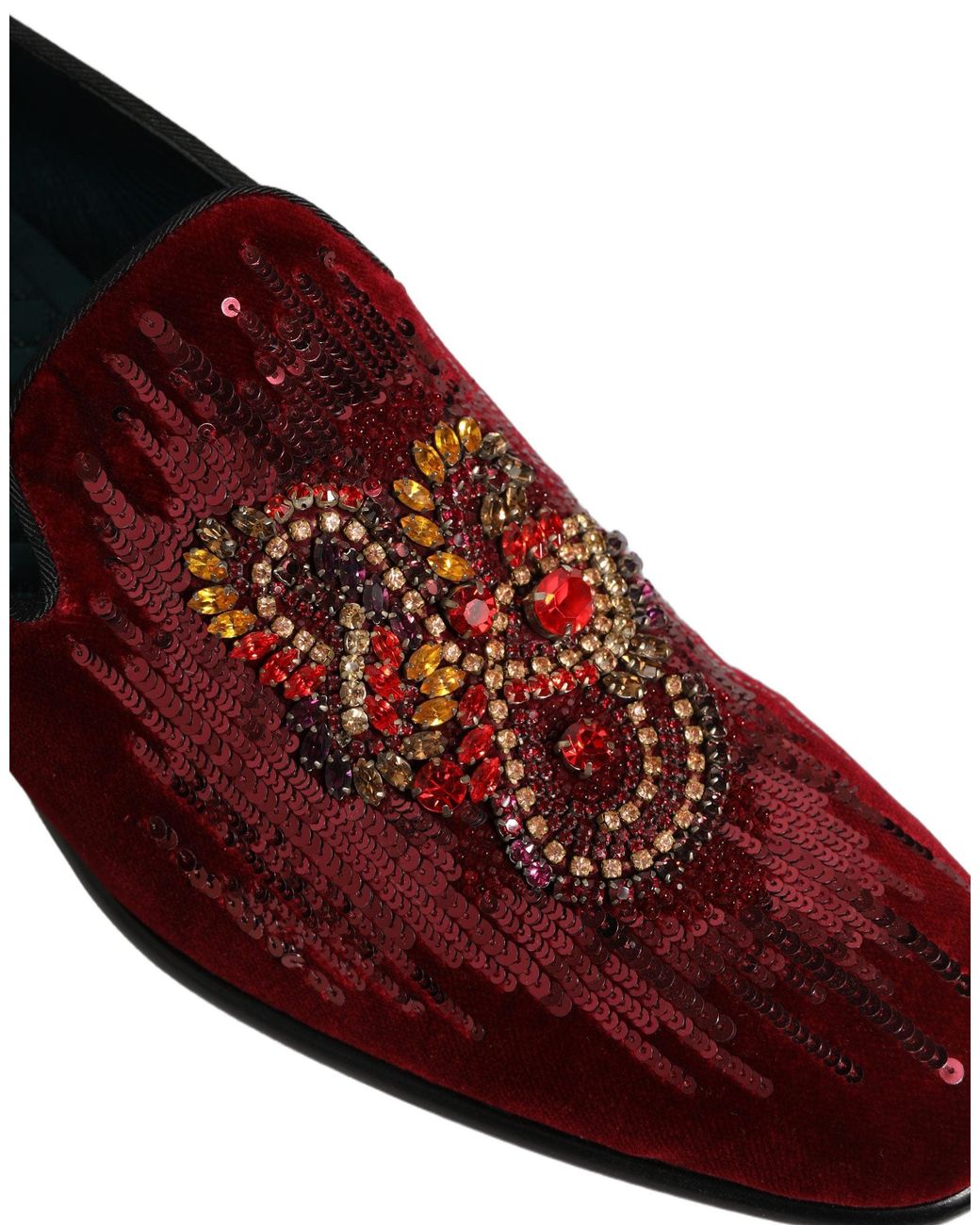 Dolce & Gabbana Red Maroon Sequin Gemstone Dress Loafers Shoes for men