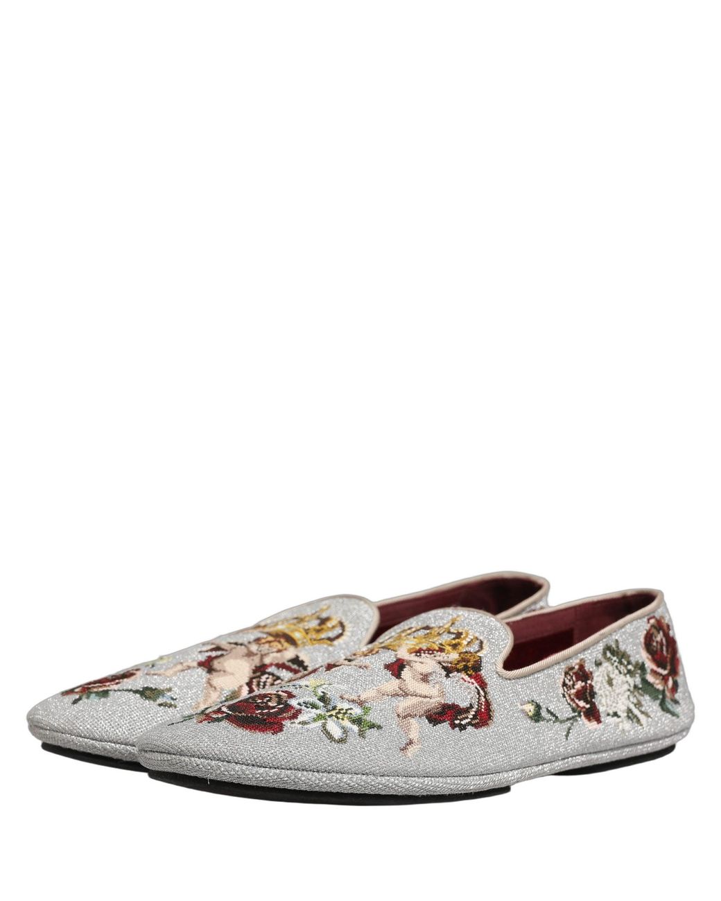 Dolce & Gabbana White Gray Crown Rose Angel Embroidery Loafer Shoes for men