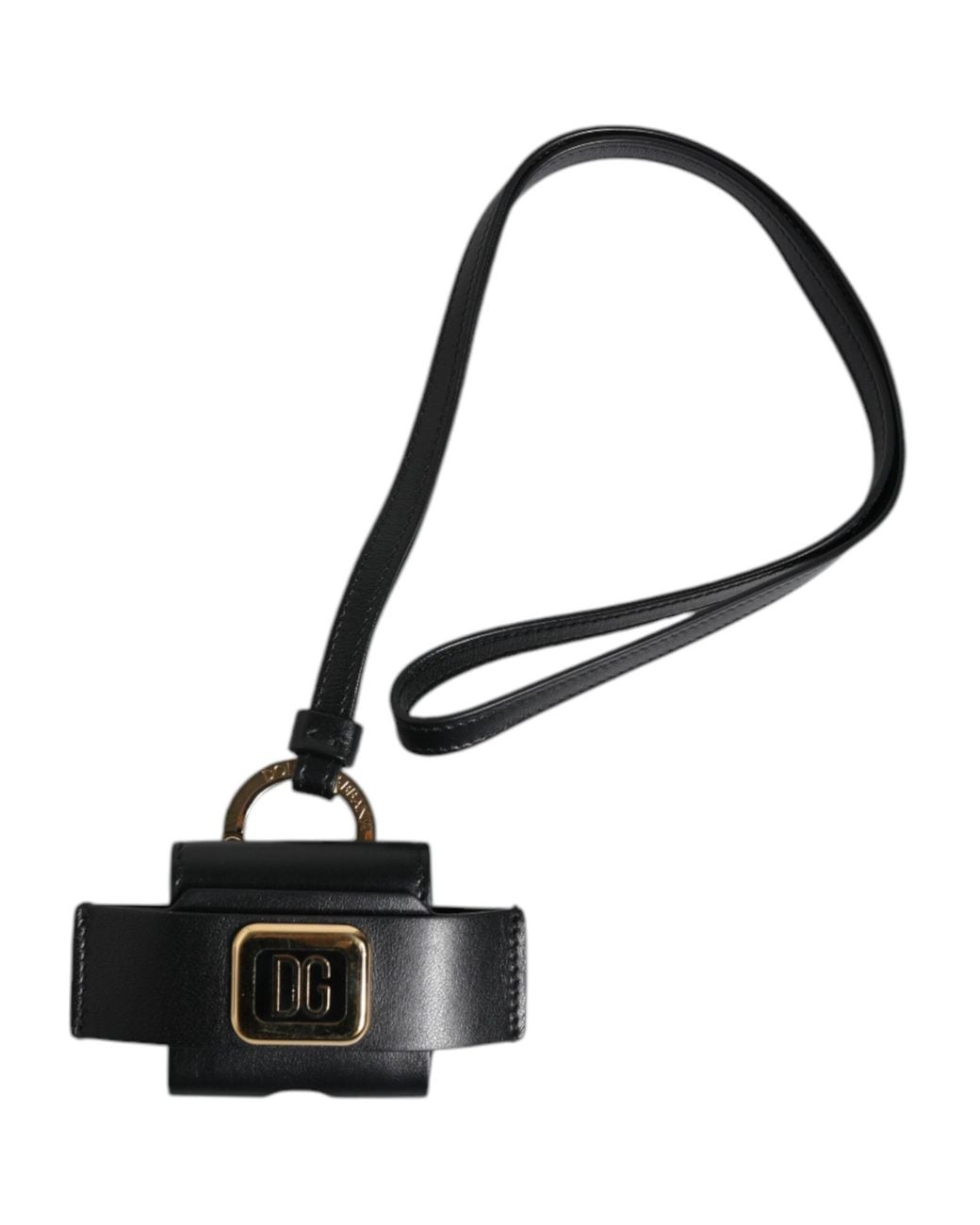 Dolce & Gabbana Black Leather Strap Metal Logo Plaque Airpods Case for men