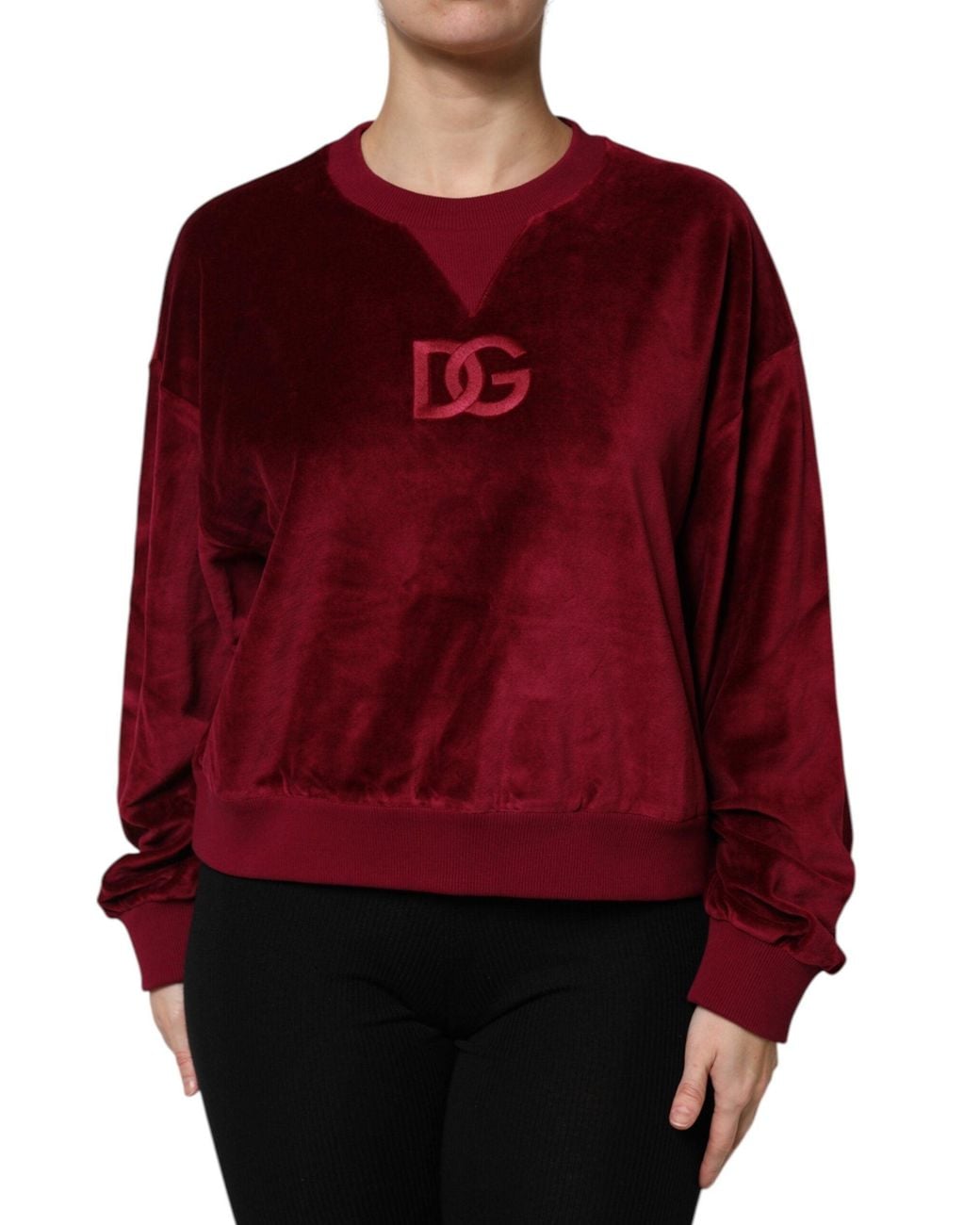 Dolce & Gabbana Red Cotton Velvet Crew Neck Pullover Sweater
