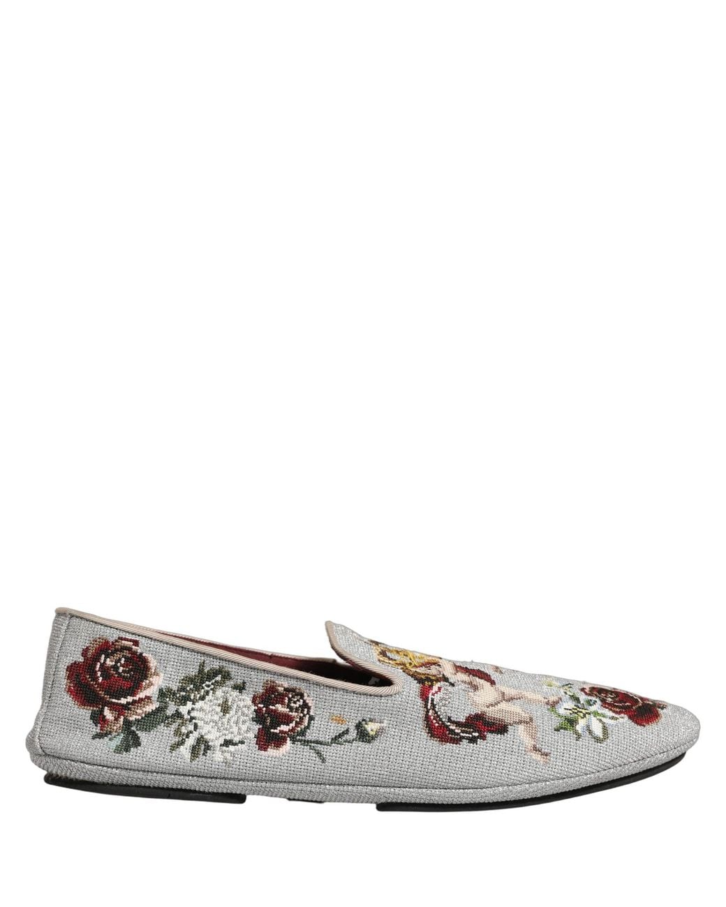 Dolce & Gabbana White Gray Crown Rose Angel Embroidery Loafer Shoes for men
