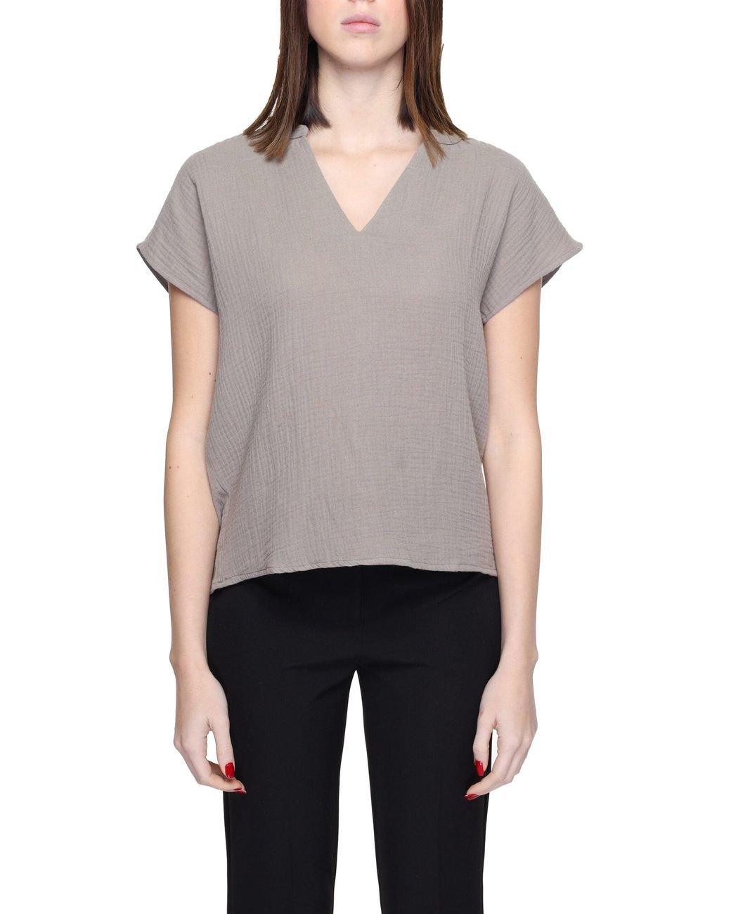 Jacqueline De Yong Gray Beige Cotton Blouse