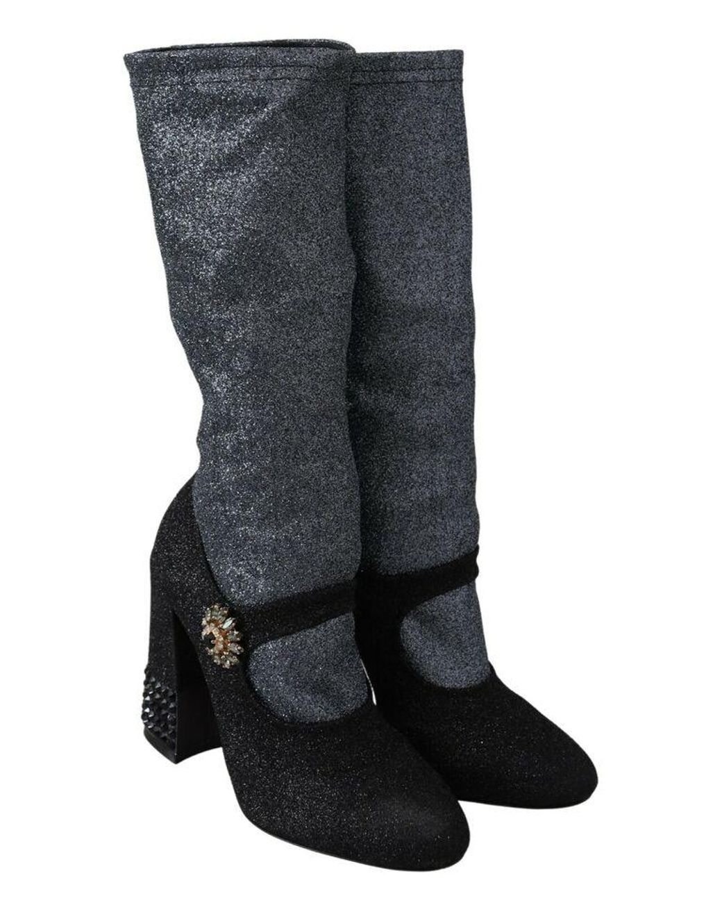 Dolce & Gabbana Black Crystal-embellished Two-tone Stretch-lurex Knee Boots
