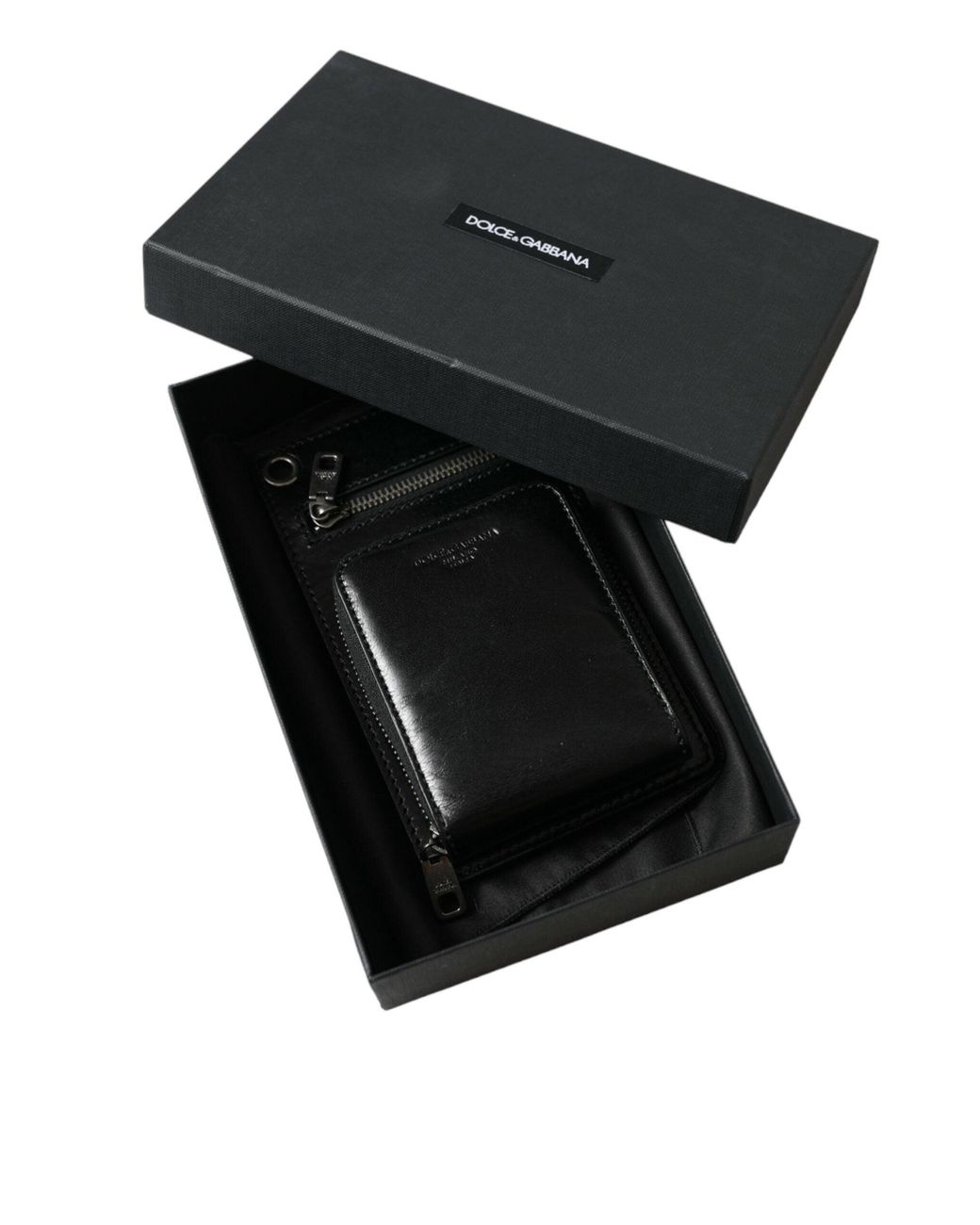 Dolce & Gabbana Black Calf Leather Zip Logo Shoulder Neck Strap Wallet for men