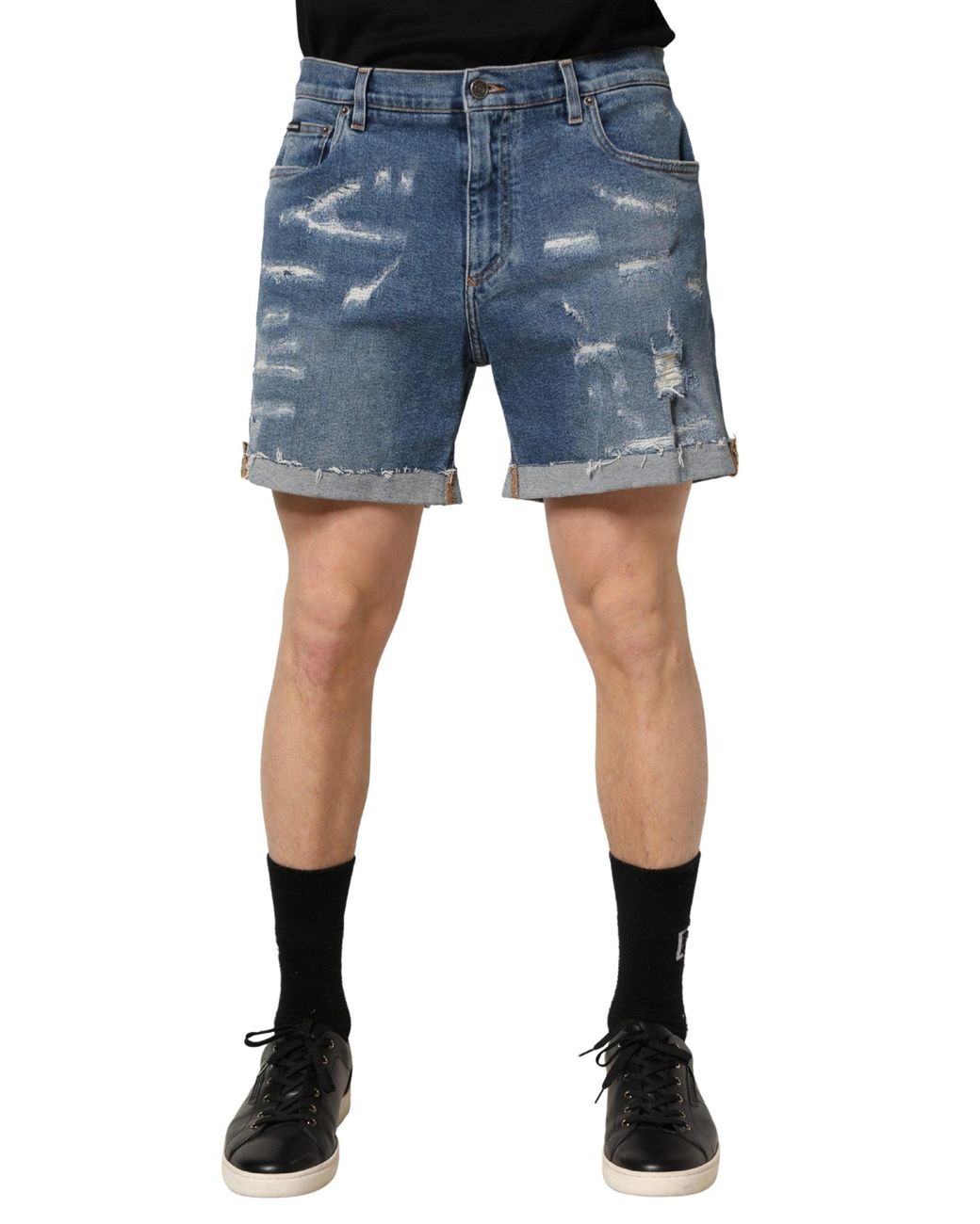 Dolce & Gabbana Blue Cotton Distressed Denim Bermuda Shorts Elastane for men