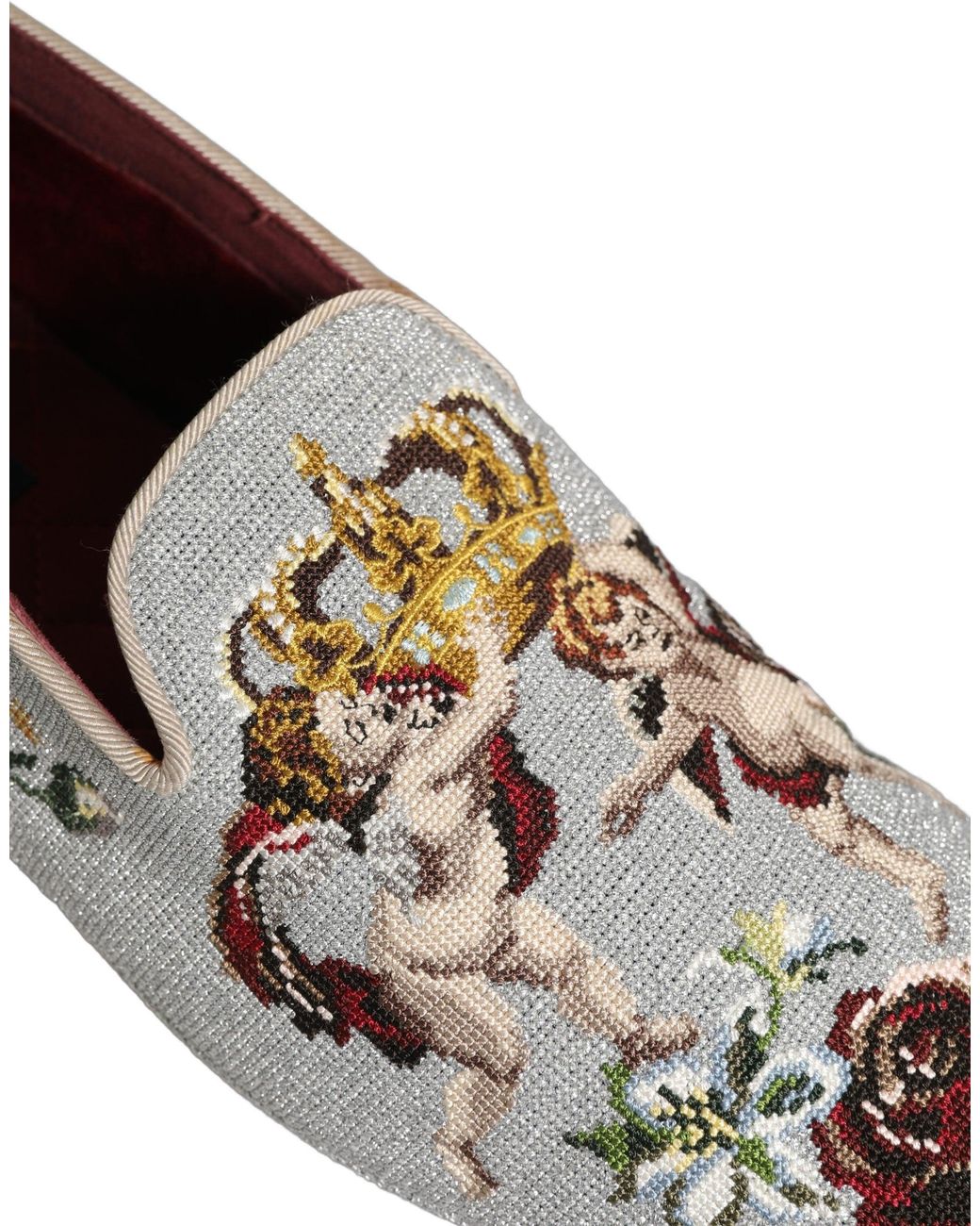Dolce & Gabbana White Gray Crown Rose Angel Embroidery Loafer Shoes for men
