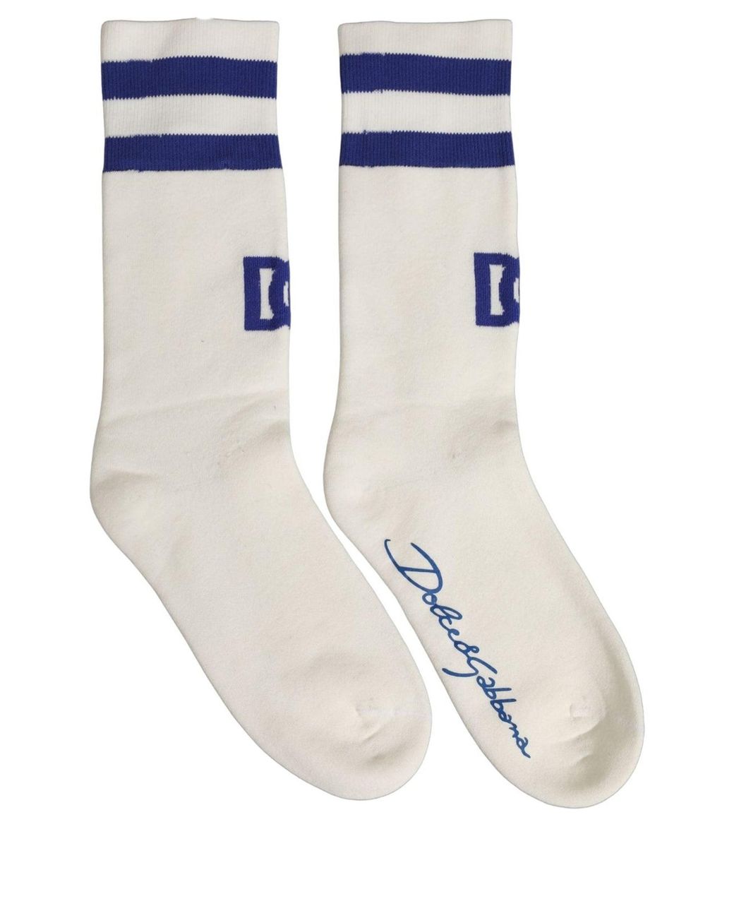 Dolce & Gabbana White Blue Cotton Logo Calf Accessory Socks