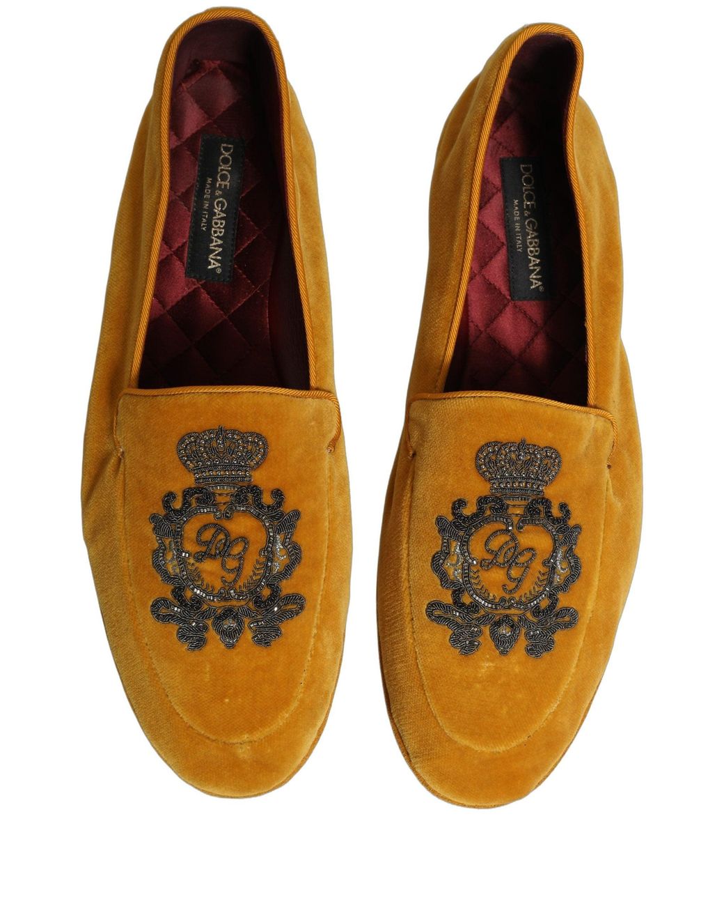 Dolce & Gabbana Brown Yellow Velvet Crown Embroidery Loafers Shoes for men