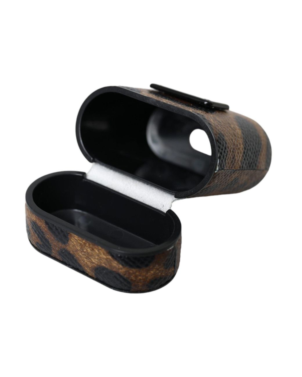 Dolce & Gabbana Black Leopard Calf Leather Metal Logo Plaque Airpods Case