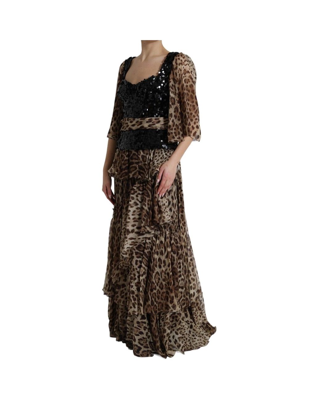 Dolce & Gabbana Black Sequin Leopard Print Tiered Maxi Dress